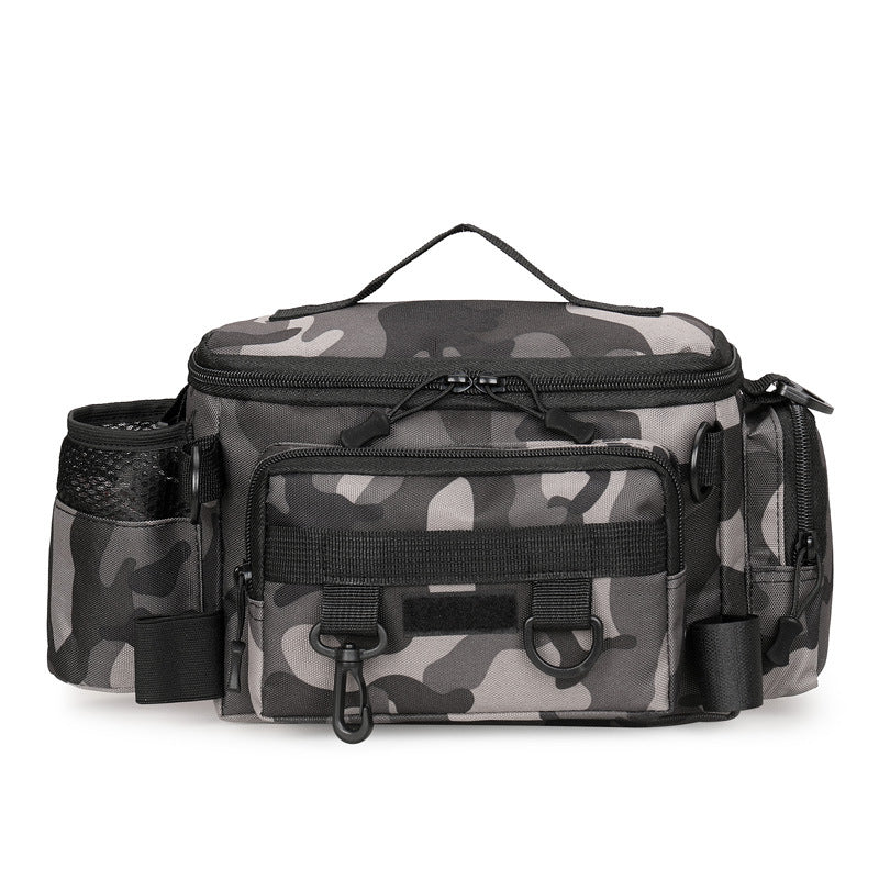 Grey camouflage compact fishing tackle bag, empty
