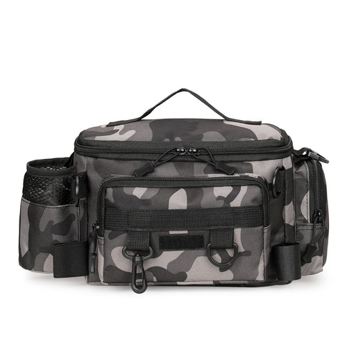 Grey camouflage compact fishing tackle bag, empty